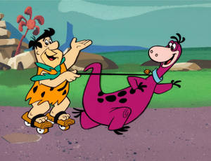 Rollerblading Fred Flintstone And Dino Wallpaper