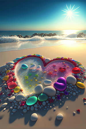 Romantic Beach Sunset With Heart In The Sand Wallpaper