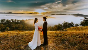Romantic Couple Prenup On Hill Top Wallpaper
