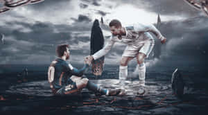 Ronaldo Helping Messi Fantasy Artwork Wallpaper