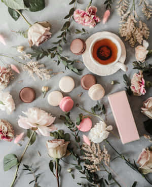 Rose Gold Pastel Tea And Macarons.jpg Wallpaper