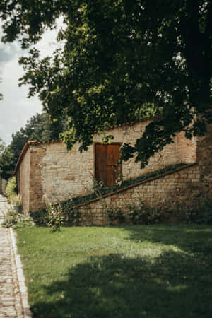 Rustic Greenery Stone Building Wallpaper