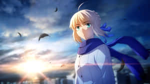 Saber Fate Stay Night With Blue Scarf Wallpaper