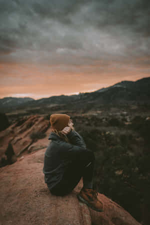 Sad Vibes Woman Mountain Sunset Wallpaper