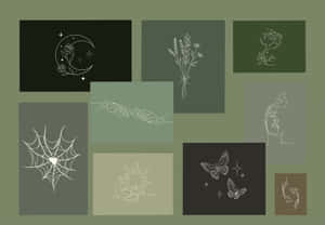 Sage Green Nature Illustrations Collage Wallpaper