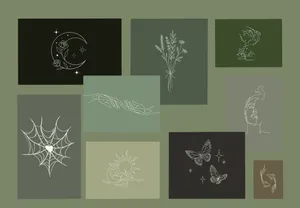 Sage Green Nature Illustrations Collage Wallpaper