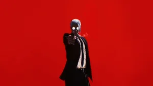 Sakamoto Days Character Gun Pointing Red Background Wallpaper