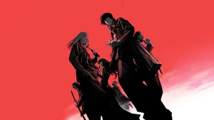 Sakamoto Days Characters Silhouette Red Background Wallpaper