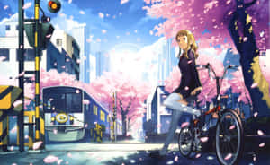 Sakura Blossom Commute Anime Scene Wallpaper