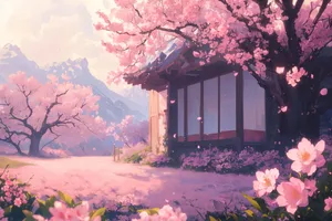 Sakura Blossom Traditional House Anime Scene Wallpaper