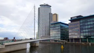 Salford Quays Suspension Bridgeand Buildings Wallpaper
