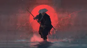 Samurai And Red Moon Wallpaper