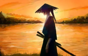 Samurai Anime Warrior Walking Alone Sunset Wallpaper