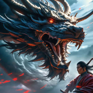 Samurai Facing Dragon Artwork Wallpaper