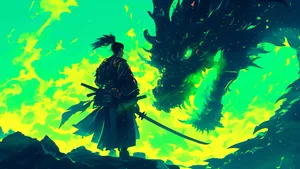 Samurai Facing Dragon Artwork Wallpaper