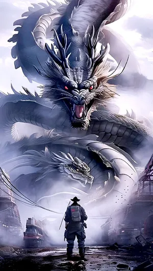 Samurai Facing Dragon Artwork Wallpaper