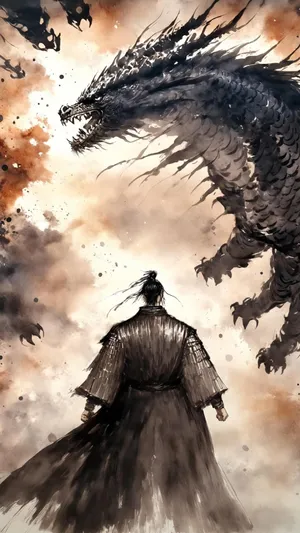 Samurai Facing Dragon Artwork Wallpaper