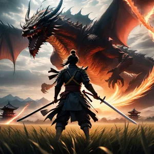 Samurai Facing Dragon Fantasy Art Wallpaper