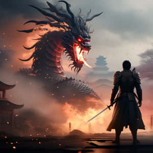 Samurai Facing Dragon Standoff Wallpaper