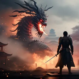 Samurai Facing Dragon Standoff Wallpaper