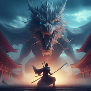 Samurai Facing Dragon Standoff Wallpaper