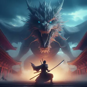 Samurai Facing Dragon Standoff Wallpaper