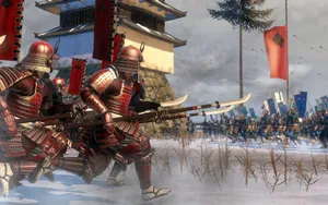 Samurai Overlooking A Feudal Japanese Village Wallpaper