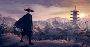 Samurai Overlooking Snowy Village Wallpaper