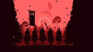 Samurai_ Silhouettes_ Under_ Battle_ Standard Wallpaper