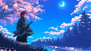 Samurai Under Cherry Blossoms Wallpaper