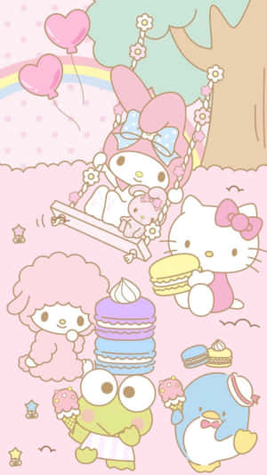 Sanrio Characters Enjoying Sweetsand Fun Wallpaper