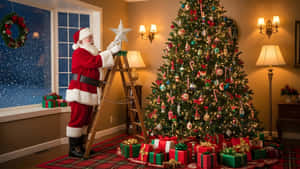 Santa Claus Decorating A Large Christmas Tree Indoors Wallpaper