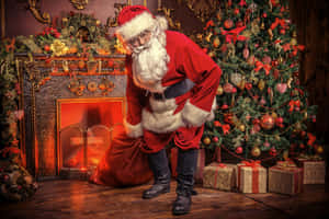 Santa Claus Delivering Giftsby Christmas Treeand Fireplace.jpg Wallpaper