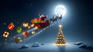 Santa Claus Flying With Reindeer And Gifts At Night Wallpaper