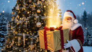 Santa Claus Holding A Glowing Christmas Gift Next To Tree Wallpaper