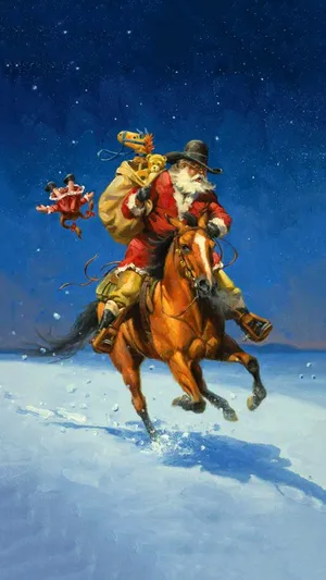 Santa Claus Riding A Horse With Gifts Wallpaper