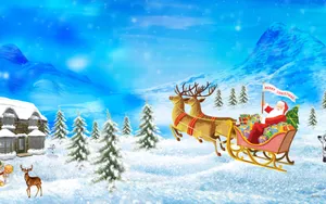 Santa On Sleigh With Reindeer Wallpaper
