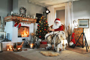 Santa Relaxingby Christmas Fireplace Wallpaper