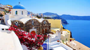 Santorini Blue Dome Church View Wallpaper