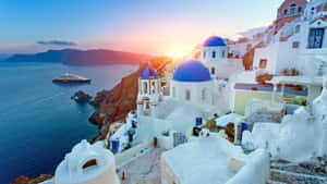 Santorini Sunset Blue Domes Cruise Ship Wallpaper