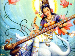 Saraswati Mata With White Goose Wallpaper