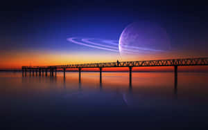 Saturn Sunset Pier Silhouette Wallpaper