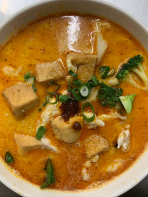 Savory And Spicy Curry Laksa With Spring Onions And Broccoli Wallpaper