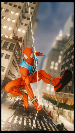 Scarlet Spider Swinging Through City Wallpaper