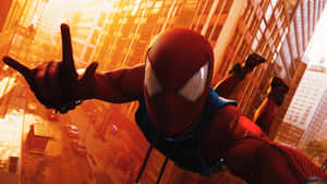 Scarlet Spider Swinging Through City Wallpaper