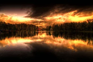 Scenic Desktop Fiery Sky Over Lake Wallpaper