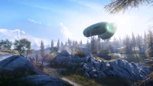 Scenic Futuristic Landscapewith Blimp Wallpaper