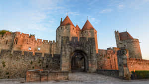 Scenic View Of The Historic Narbonne Gate At Chateau Comtal In Carcassonne Wallpaper