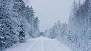 Scenic Winter Drive On A Snowy Road Wallpaper