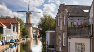 Schiedam Canal Windmill Scenery Wallpaper